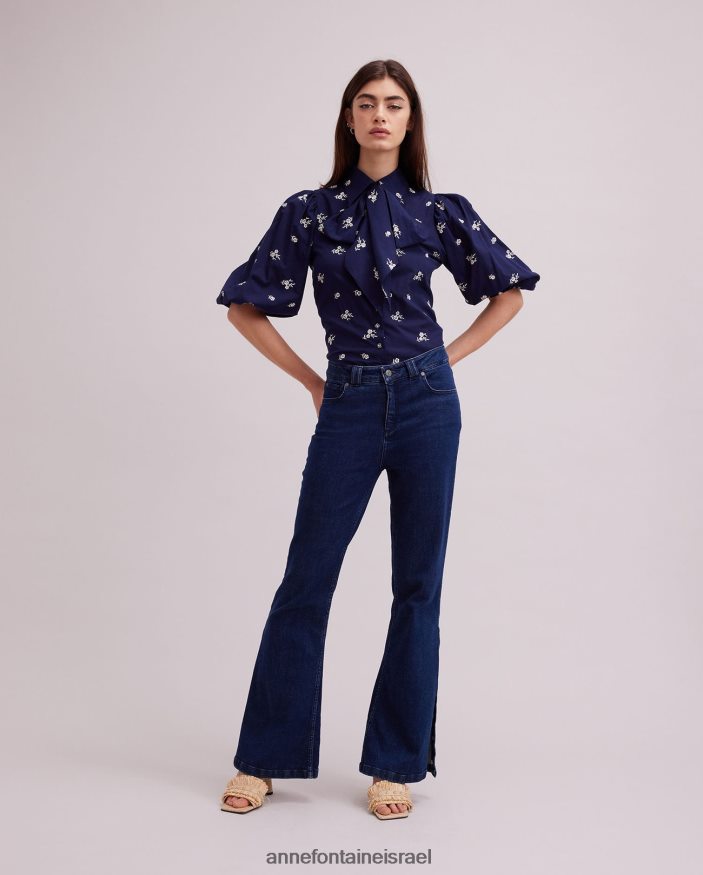 הַלבָּשָׁה Anne Fontaine חולצת ארגיל באורך המרפק עם רקמה פרחונית חיל הים/לבן נשים DL8V8L169