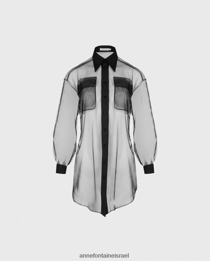 הַלבָּשָׁה Anne Fontaine חולצת ברזיליה חולצת אוברסייז שקופה עם כיסי דש קדמיים שָׁחוֹר נשים DL8V8L170