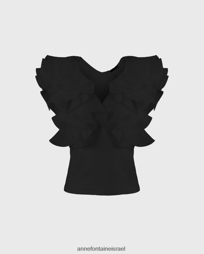הַלבָּשָׁה Anne Fontaine חולצת נטאלנה פימה ג'רסי עם שרוולי אורגנזה קפוצים שָׁחוֹר נשים DL8V8L171