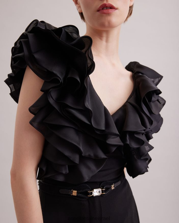 הַלבָּשָׁה Anne Fontaine חולצת נטאלנה פימה ג'רסי עם שרוולי אורגנזה קפוצים שָׁחוֹר נשים DL8V8L171