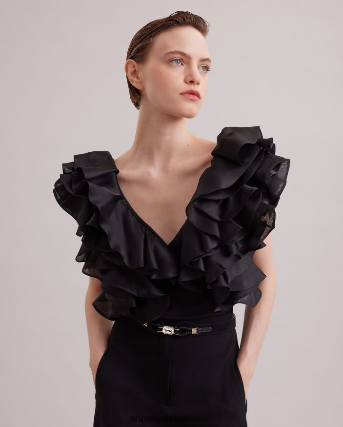 הַלבָּשָׁה Anne Fontaine חולצת נטאלנה פימה ג'רסי עם שרוולי אורגנזה קפוצים שָׁחוֹר נשים DL8V8L171
