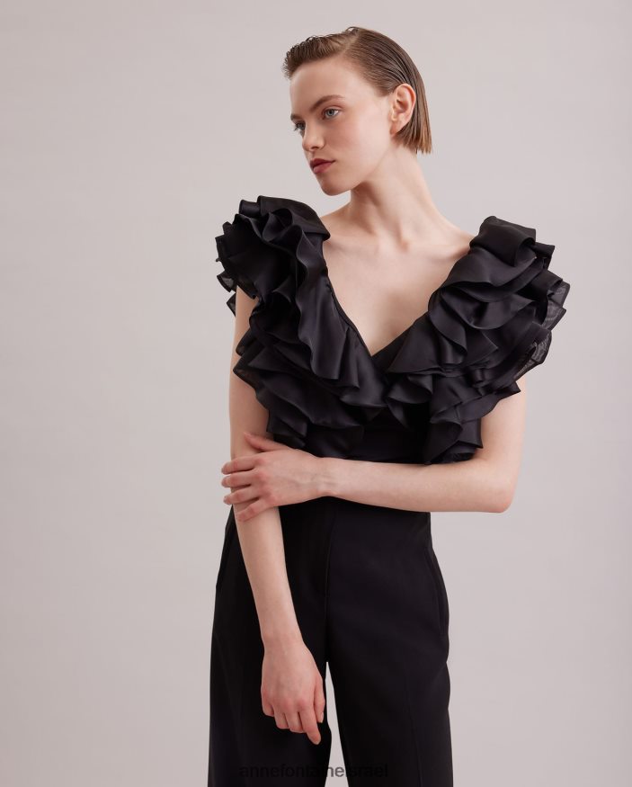 הַלבָּשָׁה Anne Fontaine חולצת נטאלנה פימה ג'רסי עם שרוולי אורגנזה קפוצים שָׁחוֹר נשים DL8V8L171