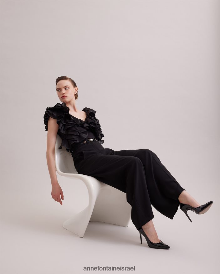הַלבָּשָׁה Anne Fontaine חולצת נטאלנה פימה ג'רסי עם שרוולי אורגנזה קפוצים שָׁחוֹר נשים DL8V8L171