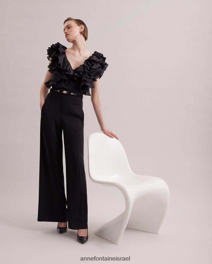 הַלבָּשָׁה Anne Fontaine חולצת נטאלנה פימה ג'רסי עם שרוולי אורגנזה קפוצים שָׁחוֹר נשים DL8V8L171