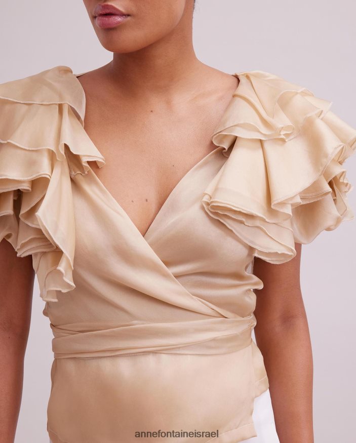 הַלבָּשָׁה Anne Fontaine חולצת לוז משי אורגנזה חולצת מעטפת עם שרוולי סלסול בשכבות בז' נשים DL8V8L173