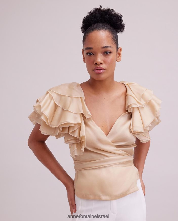 הַלבָּשָׁה Anne Fontaine חולצת לוז משי אורגנזה חולצת מעטפת עם שרוולי סלסול בשכבות בז' נשים DL8V8L173