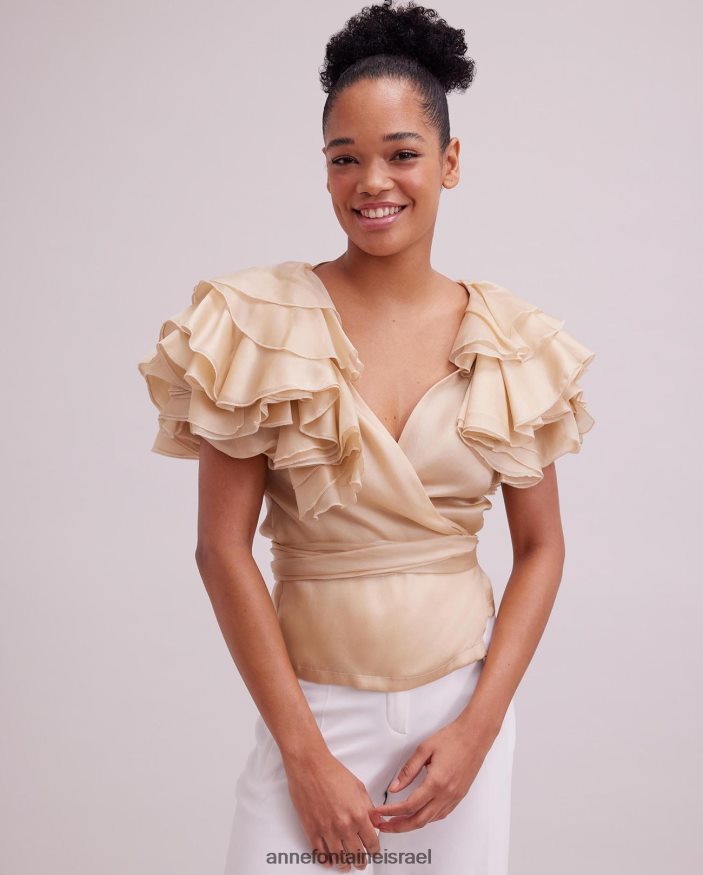 הַלבָּשָׁה Anne Fontaine חולצת לוז משי אורגנזה חולצת מעטפת עם שרוולי סלסול בשכבות בז' נשים DL8V8L173