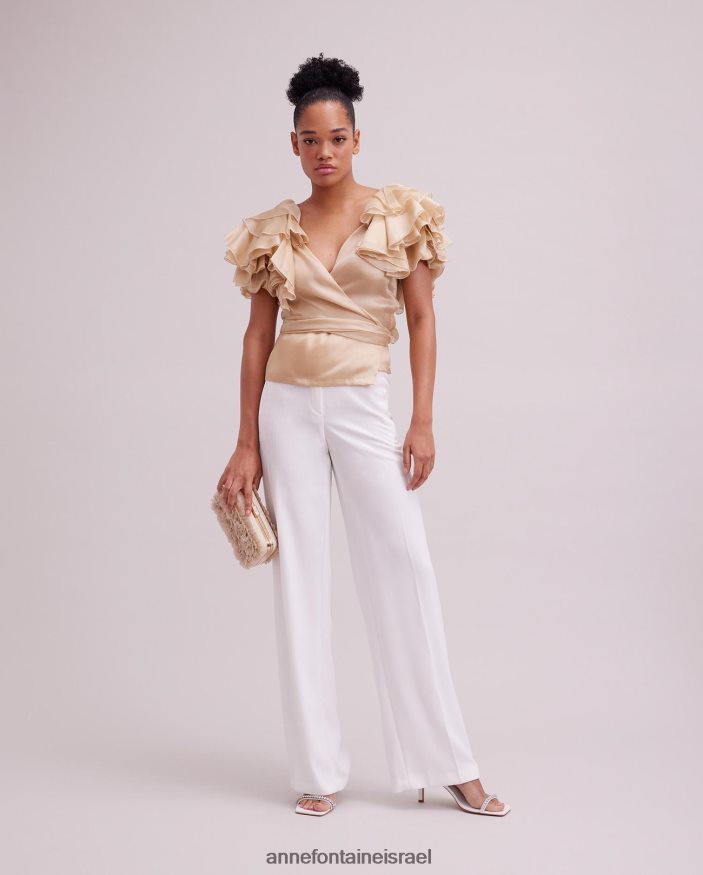 הַלבָּשָׁה Anne Fontaine חולצת לוז משי אורגנזה חולצת מעטפת עם שרוולי סלסול בשכבות בז' נשים DL8V8L173