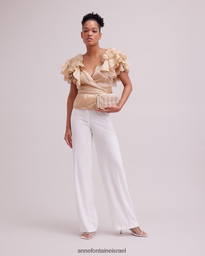 הַלבָּשָׁה Anne Fontaine חולצת לוז משי אורגנזה חולצת מעטפת עם שרוולי סלסול בשכבות בז' נשים DL8V8L173