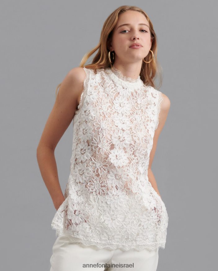 הַלבָּשָׁה Anne Fontaine חולצת וולינה חולצת תחרה רקומה פרחונית עם פרטי עיטור ריסים לבן נשים DL8V8L175
