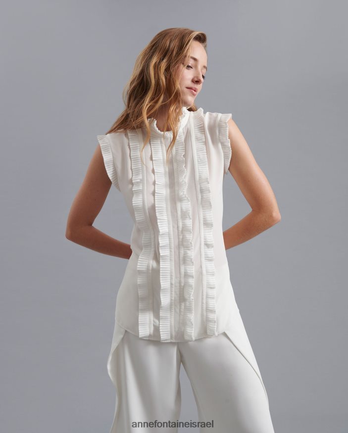 הַלבָּשָׁה Anne Fontaine חולצת משי עם שרוולים של כובע חולצה ויני עם קפלי אקורדיון לבן נשים DL8V8L176