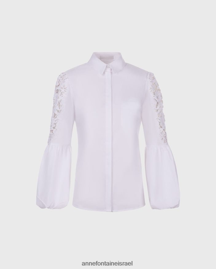 הַלבָּשָׁה Anne Fontaine חולצת לאורה חולצת שרוולים בלון עם רקמה פרחונית מורכבת לבן נשים DL8V8L182
