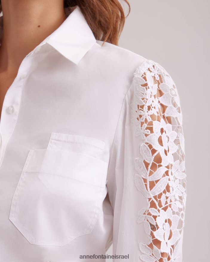 הַלבָּשָׁה Anne Fontaine חולצת לאורה חולצת שרוולים בלון עם רקמה פרחונית מורכבת לבן נשים DL8V8L182