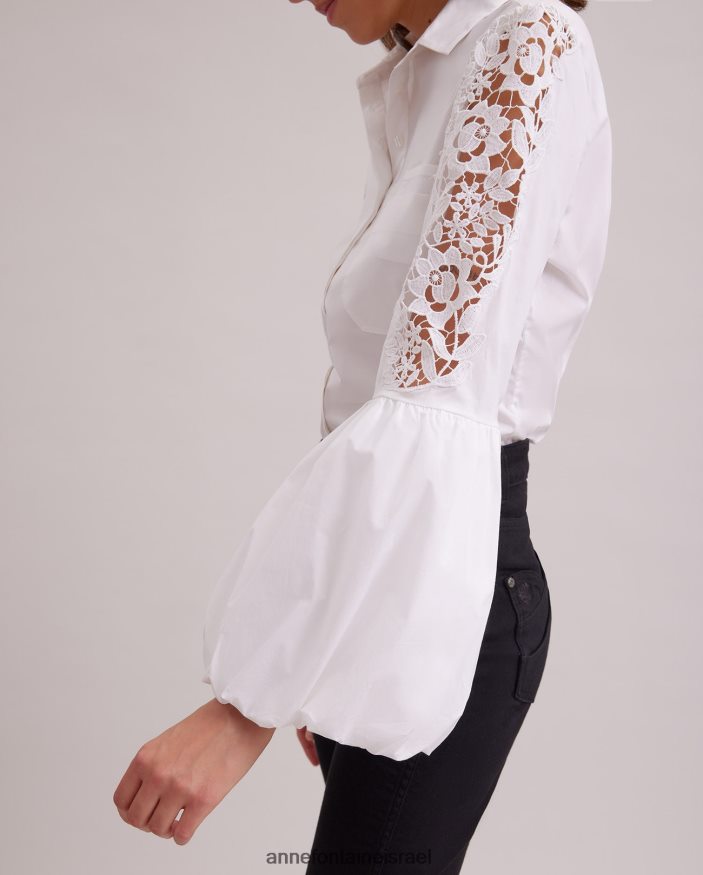 הַלבָּשָׁה Anne Fontaine חולצת לאורה חולצת שרוולים בלון עם רקמה פרחונית מורכבת לבן נשים DL8V8L182