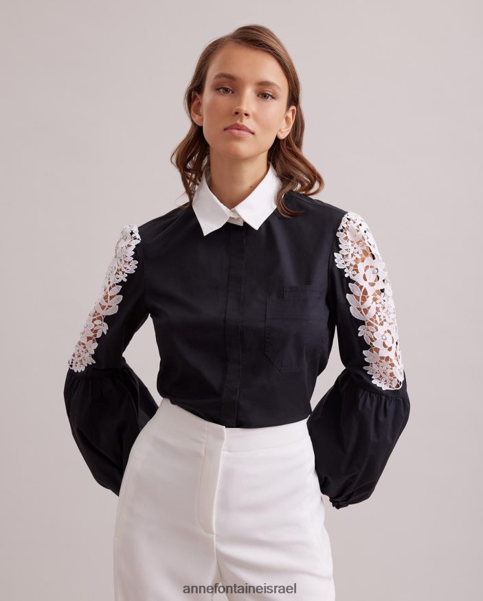 הַלבָּשָׁה Anne Fontaine חולצת פופלין חולצת לאורה עם פירוט רקמה פרחונית על שרוולי בלון שָׁחוֹר נשים DL8V8L183