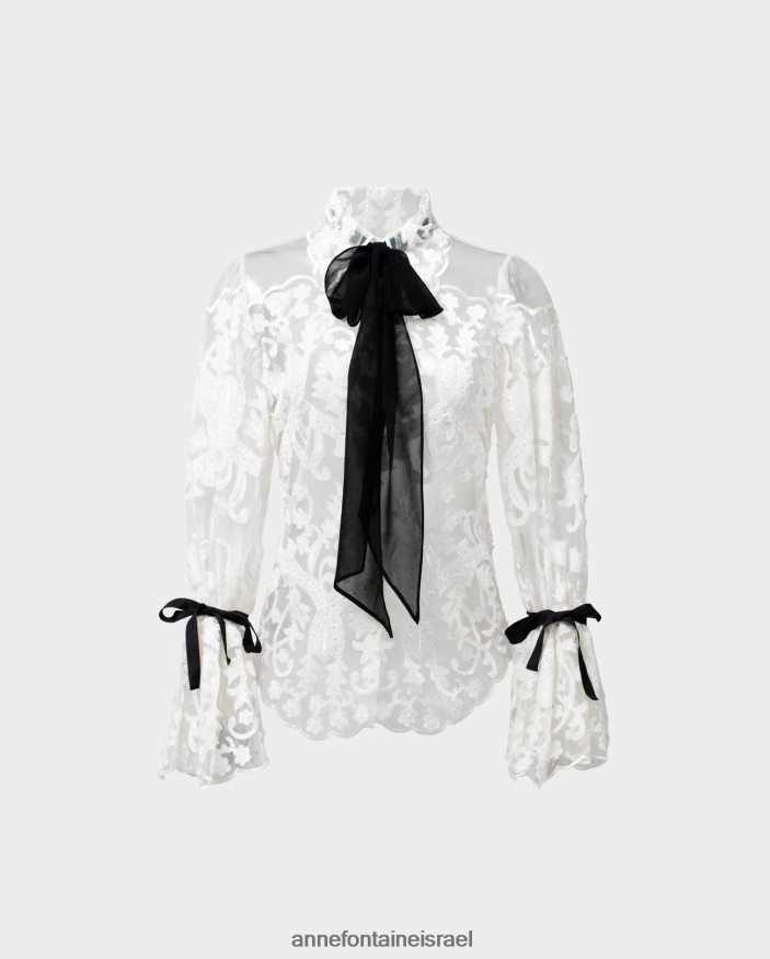הַלבָּשָׁה Anne Fontaine חולצת תחרה רקומה למחצה שקופה בחולצת ערבסק עם עניבות נשלפות לבן נשים DL8V8L185