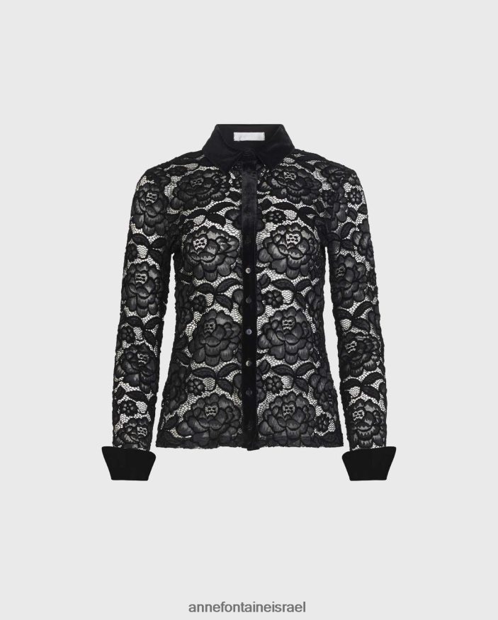 הַלבָּשָׁה Anne Fontaine חולצת סלינג'ר חולצת תחרה עם שרוולים ארוכים עם עיטור קטיפה שָׁחוֹר נשים DL8V8L186