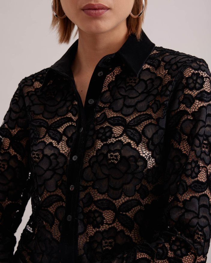 הַלבָּשָׁה Anne Fontaine חולצת סלינג'ר חולצת תחרה עם שרוולים ארוכים עם עיטור קטיפה שָׁחוֹר נשים DL8V8L186