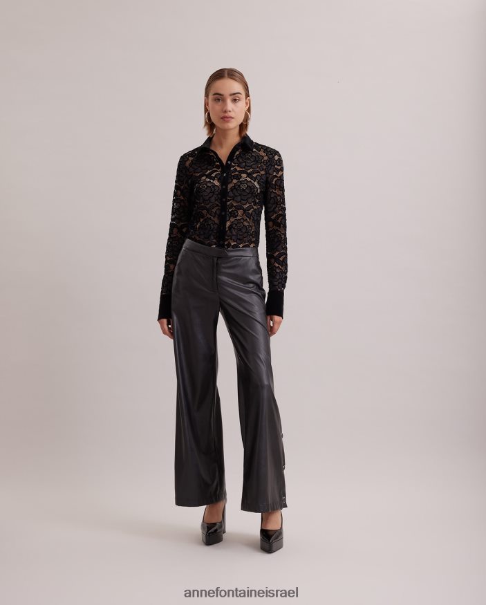 הַלבָּשָׁה Anne Fontaine חולצת סלינג'ר חולצת תחרה עם שרוולים ארוכים עם עיטור קטיפה שָׁחוֹר נשים DL8V8L186