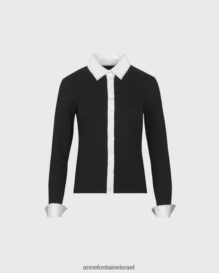הַלבָּשָׁה Anne Fontaine חולצת נואג' חולצת ג'רסי עם שרוולים ארוכים עם צווארון וחפתים מנוגדים לבן שחור נשים DL8V8L188