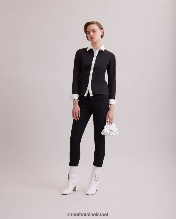 הַלבָּשָׁה Anne Fontaine חולצת נואג' חולצת ג'רסי עם שרוולים ארוכים עם צווארון וחפתים מנוגדים לבן שחור נשים DL8V8L188