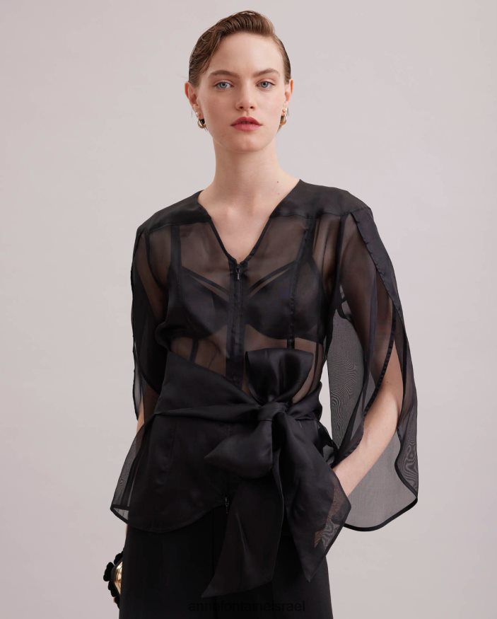 הַלבָּשָׁה Anne Fontaine חולצה יוקרתית חולצה שקופה עם שרוולים ארוכים עם שרוולי עלי כותרת שָׁחוֹר נשים DL8V8L189