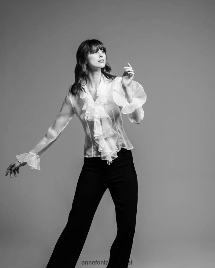 הַלבָּשָׁה Anne Fontaine חולצת פפיטה משי עם שרוולים ארוכים עם סלסולים כפולים שָׁחוֹר נשים DL8V8L194