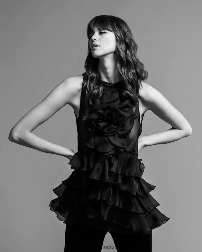 הַלבָּשָׁה Anne Fontaine חולצה אוברי חולצה ללא שרוולים באורגנזה משי בשכבות שָׁחוֹר נשים DL8V8L195