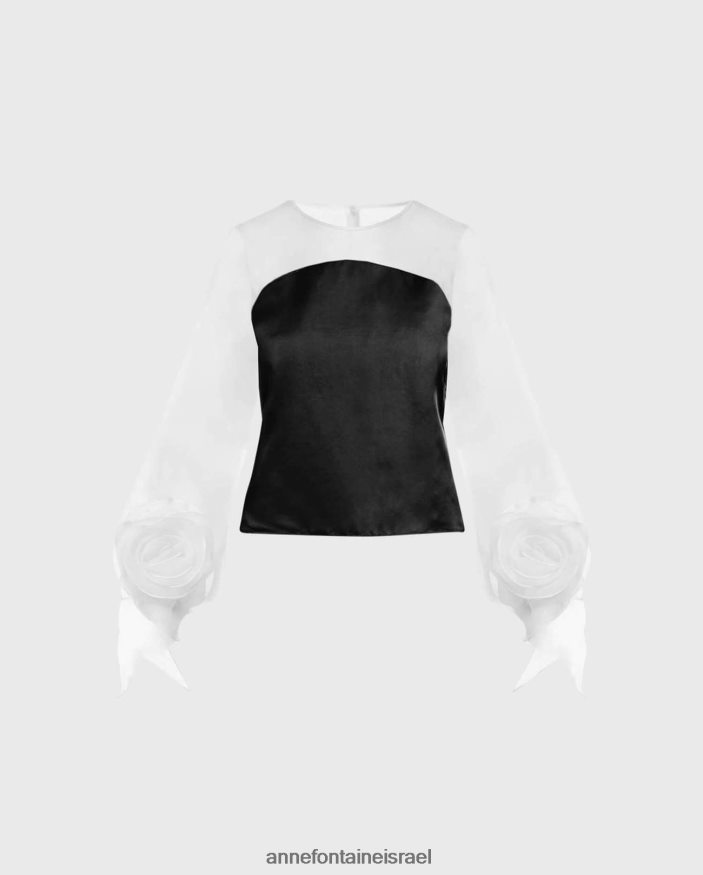 הַלבָּשָׁה Anne Fontaine חולצת אביב וחולצת משי משופרים עם רוזטות בחלק התחתון של השרוולים התפוחים לבן שחור נשים DL8V8L196