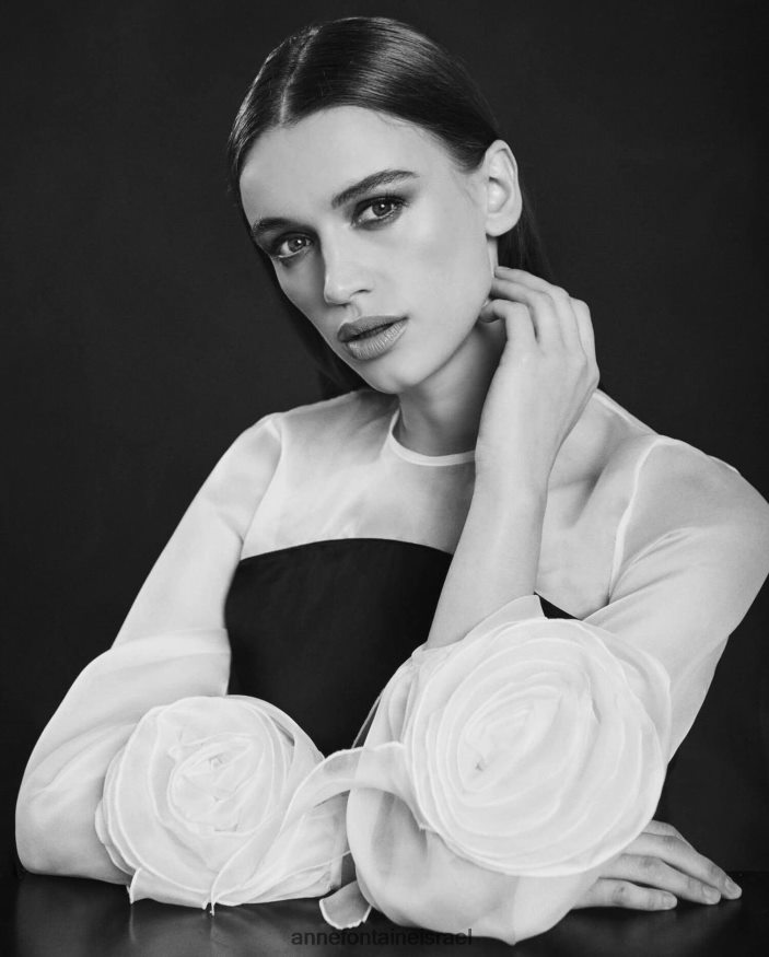 הַלבָּשָׁה Anne Fontaine חולצת אביב וחולצת משי משופרים עם רוזטות בחלק התחתון של השרוולים התפוחים לבן שחור נשים DL8V8L196