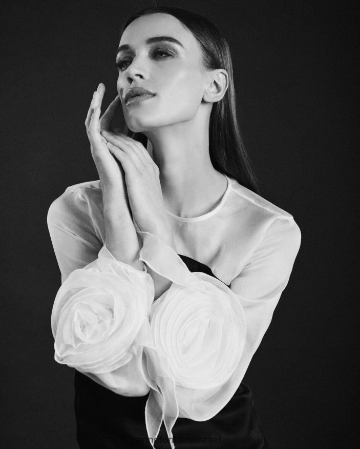 הַלבָּשָׁה Anne Fontaine חולצת אביב וחולצת משי משופרים עם רוזטות בחלק התחתון של השרוולים התפוחים לבן שחור נשים DL8V8L196