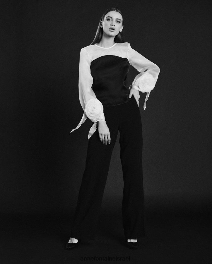 הַלבָּשָׁה Anne Fontaine חולצת אביב וחולצת משי משופרים עם רוזטות בחלק התחתון של השרוולים התפוחים לבן שחור נשים DL8V8L196