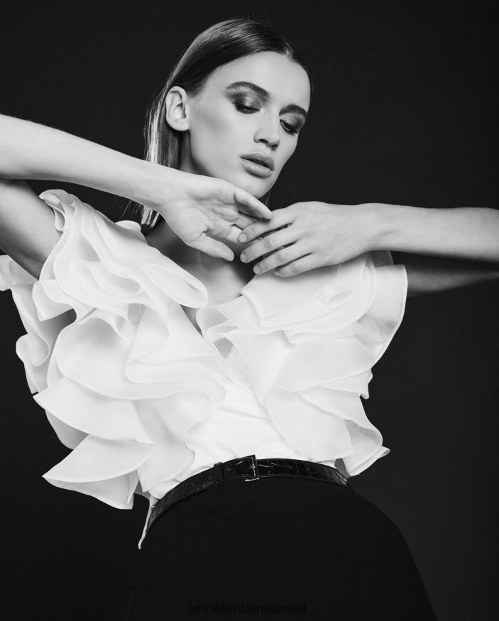 הַלבָּשָׁה Anne Fontaine חולצת נטאלנה פימה ג'רסי עם שרוולי אורגנזה קפוצים לבן נשים DL8V8L201