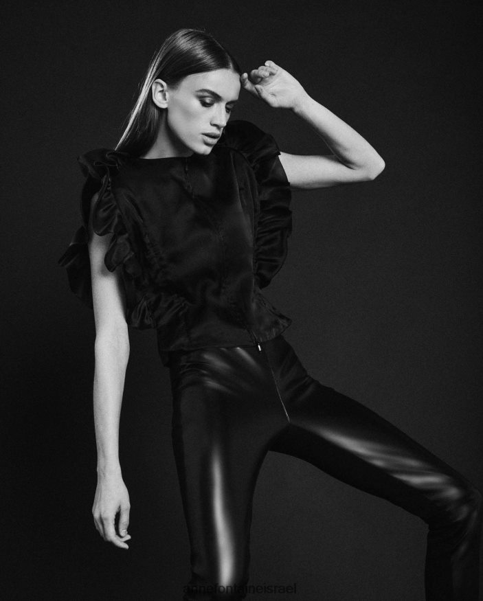 הַלבָּשָׁה Anne Fontaine חולצת משי ללא שרוולים עם חולצת פורצלן מעוטרת בפרטים מסולסלים שָׁחוֹר נשים DL8V8L204