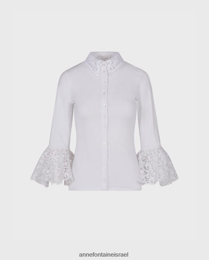 הַלבָּשָׁה Anne Fontaine חולצת לאנה חולצת כותנה עם פרטי תחרה רקומים לבן נשים DL8V8L205