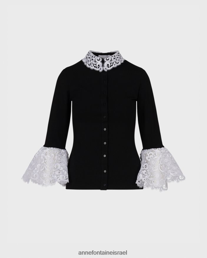 הַלבָּשָׁה Anne Fontaine חולצת לאנה חולצת כותנה עם פרטי תחרה רקומים לבן שחור נשים DL8V8L206