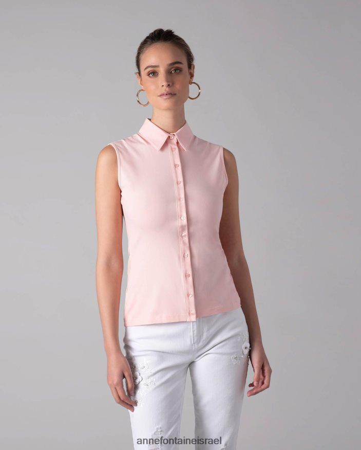 הַלבָּשָׁה Anne Fontaine חולצת נואג' חולצת כפתור ג'רסי ללא שרוולים עלה כותרת ורוד נשים DL8V8L211