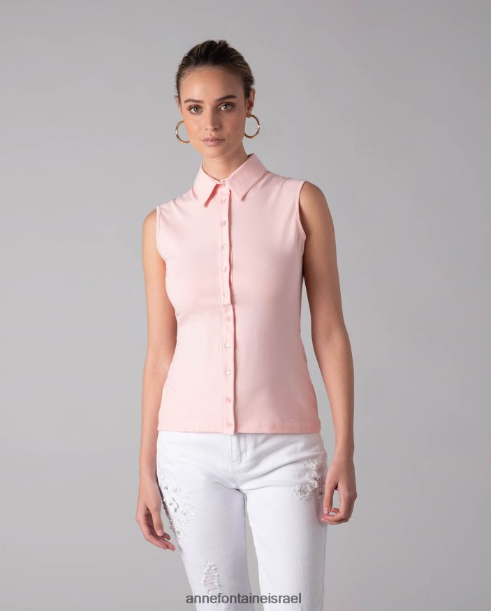 הַלבָּשָׁה Anne Fontaine חולצת נואג' חולצת כפתור ג'רסי ללא שרוולים עלה כותרת ורוד נשים DL8V8L211