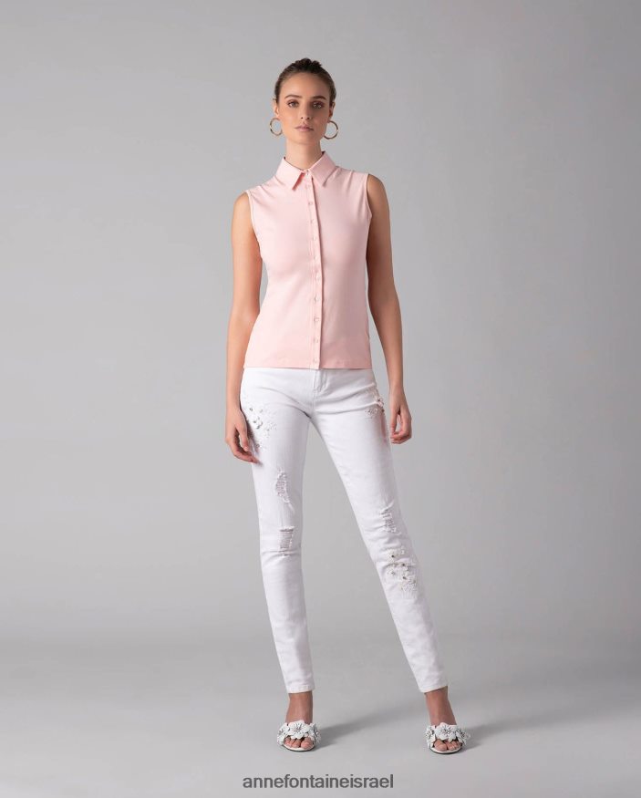 הַלבָּשָׁה Anne Fontaine חולצת נואג' חולצת כפתור ג'רסי ללא שרוולים עלה כותרת ורוד נשים DL8V8L211