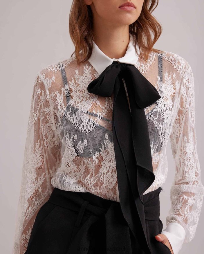 הַלבָּשָׁה Anne Fontaine חולצת ליאון חולצת תחרה פרחונית עם קשירת צווארון נשלפת לבן שחור נשים DL8V8L213