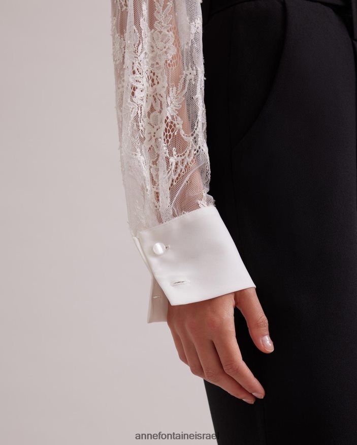 הַלבָּשָׁה Anne Fontaine חולצת ליאון חולצת תחרה פרחונית עם קשירת צווארון נשלפת לבן שחור נשים DL8V8L213