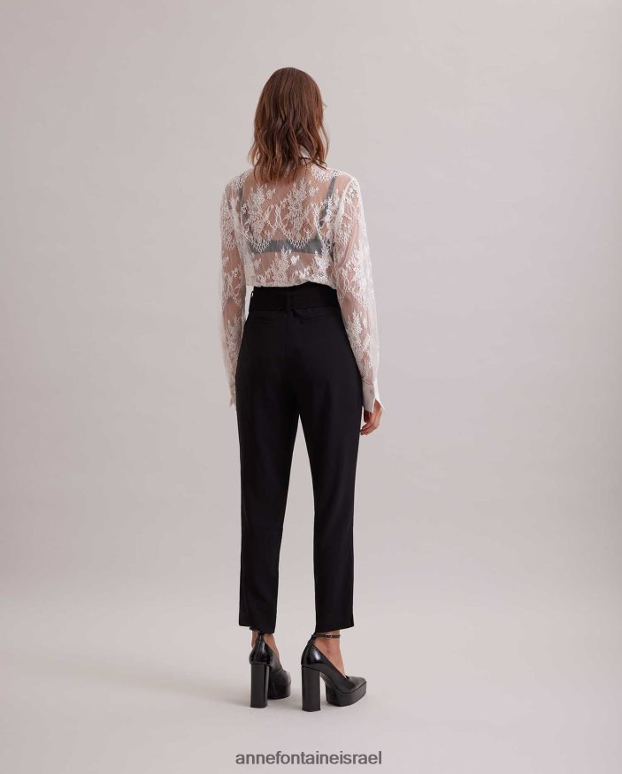 הַלבָּשָׁה Anne Fontaine חולצת ליאון חולצת תחרה פרחונית עם קשירת צווארון נשלפת לבן שחור נשים DL8V8L213