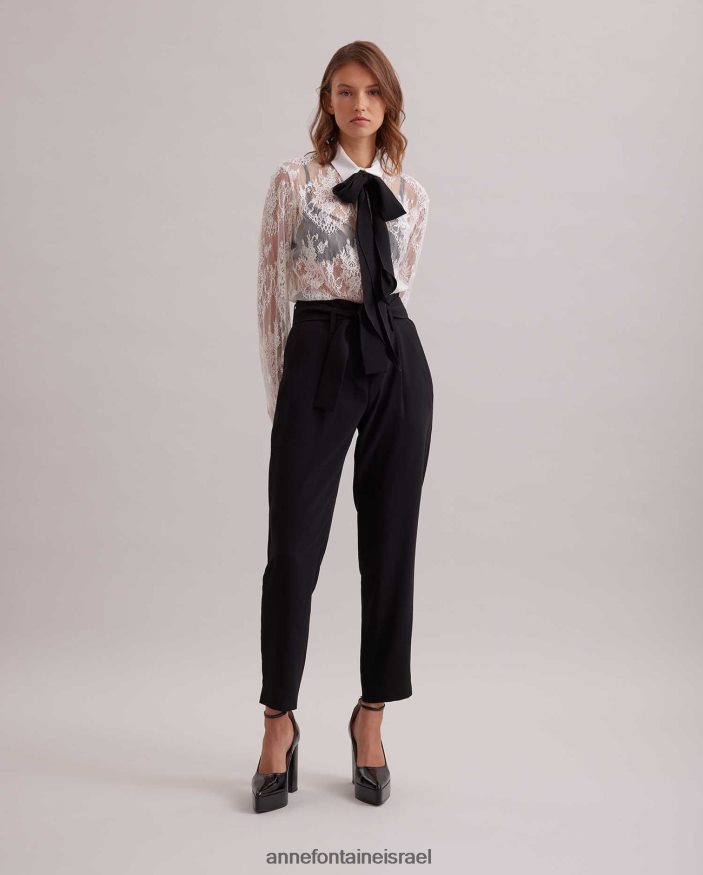 הַלבָּשָׁה Anne Fontaine חולצת ליאון חולצת תחרה פרחונית עם קשירת צווארון נשלפת לבן שחור נשים DL8V8L213