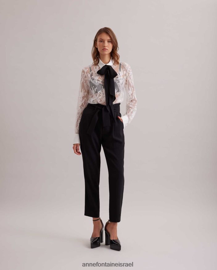 הַלבָּשָׁה Anne Fontaine חולצת ליאון חולצת תחרה פרחונית עם קשירת צווארון נשלפת לבן שחור נשים DL8V8L213