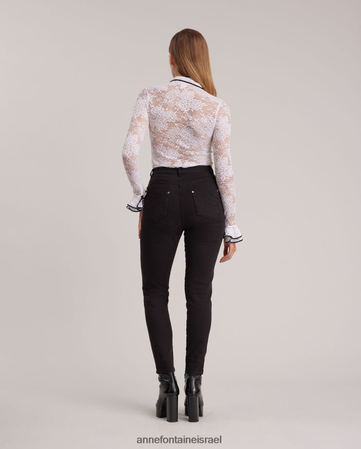 הַלבָּשָׁה Anne Fontaine חולצת אקדמיה חולצת תחרה פרחונית עם שרוולים ארוכים עם כיסום מסולסל ושרוולים לבן נשים DL8V8L214