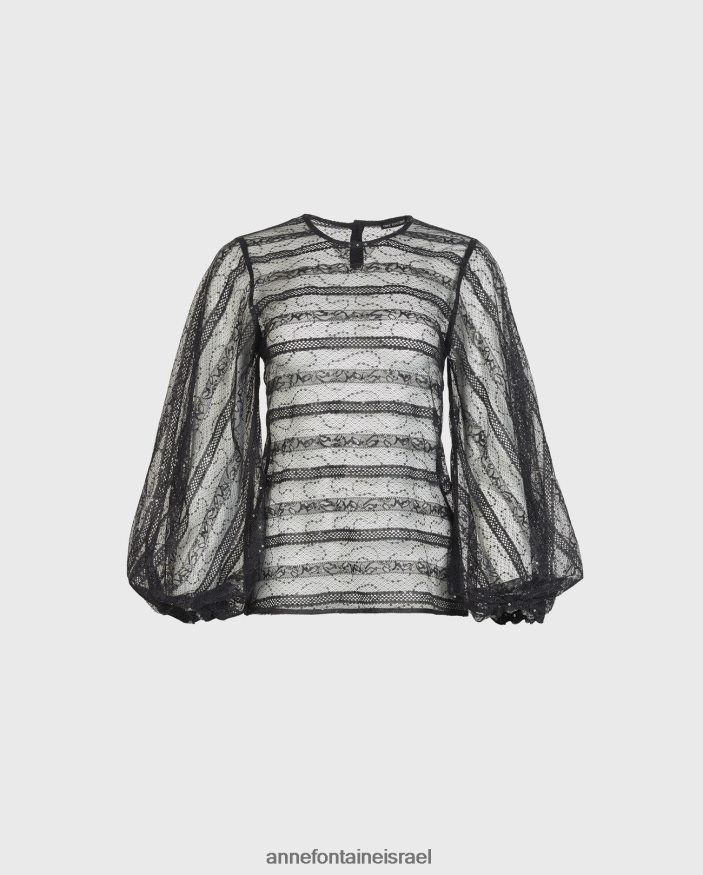 הַלבָּשָׁה Anne Fontaine חולצה רומנטית חולצת תחרה שקופה עם פרט אופקי סריג ופאייטים גוונים שָׁחוֹר נשים DL8V8L215