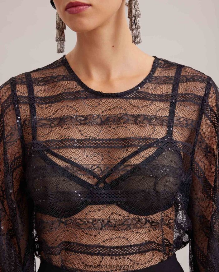 הַלבָּשָׁה Anne Fontaine חולצה רומנטית חולצת תחרה שקופה עם פרט אופקי סריג ופאייטים גוונים שָׁחוֹר נשים DL8V8L215