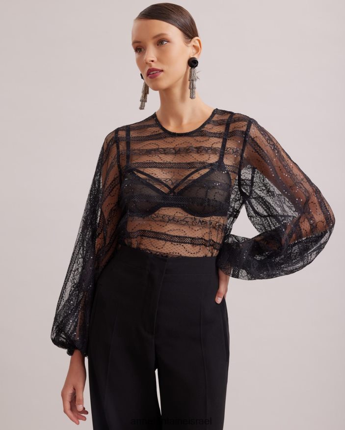 הַלבָּשָׁה Anne Fontaine חולצה רומנטית חולצת תחרה שקופה עם פרט אופקי סריג ופאייטים גוונים שָׁחוֹר נשים DL8V8L215