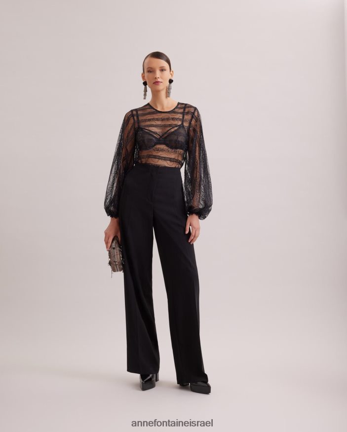 הַלבָּשָׁה Anne Fontaine חולצה רומנטית חולצת תחרה שקופה עם פרט אופקי סריג ופאייטים גוונים שָׁחוֹר נשים DL8V8L215