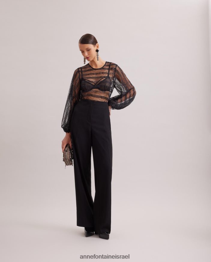 הַלבָּשָׁה Anne Fontaine חולצה רומנטית חולצת תחרה שקופה עם פרט אופקי סריג ופאייטים גוונים שָׁחוֹר נשים DL8V8L215